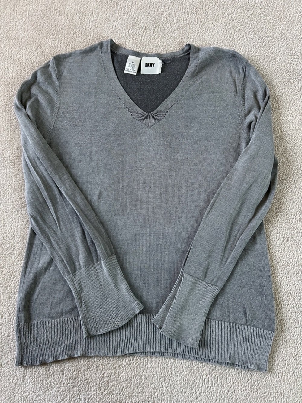 DKNY Gray V-Neck Lightweight Sweater